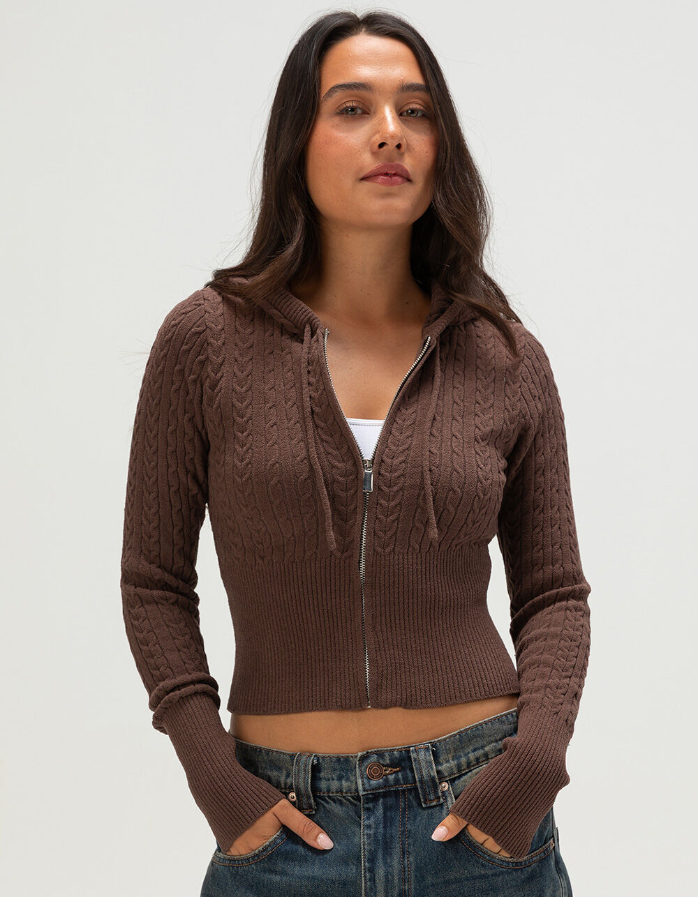 RSQ Womens Cable Knit Zip-Up Hooded Sweater