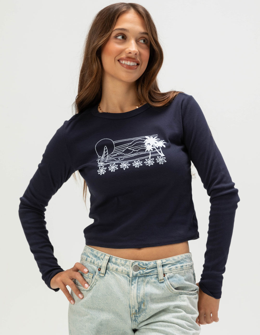 FULL TILT Plumeria Wave Womens Long Sleeve Baby Tee