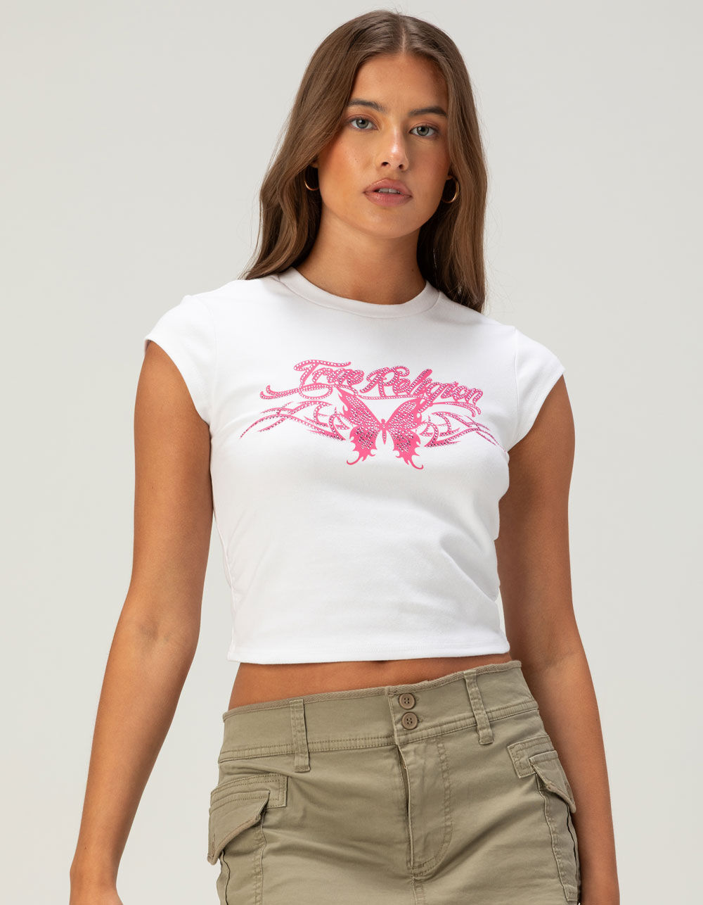 TRUE RELIGION Ruched Womens Cap Sleeve Baby Tee