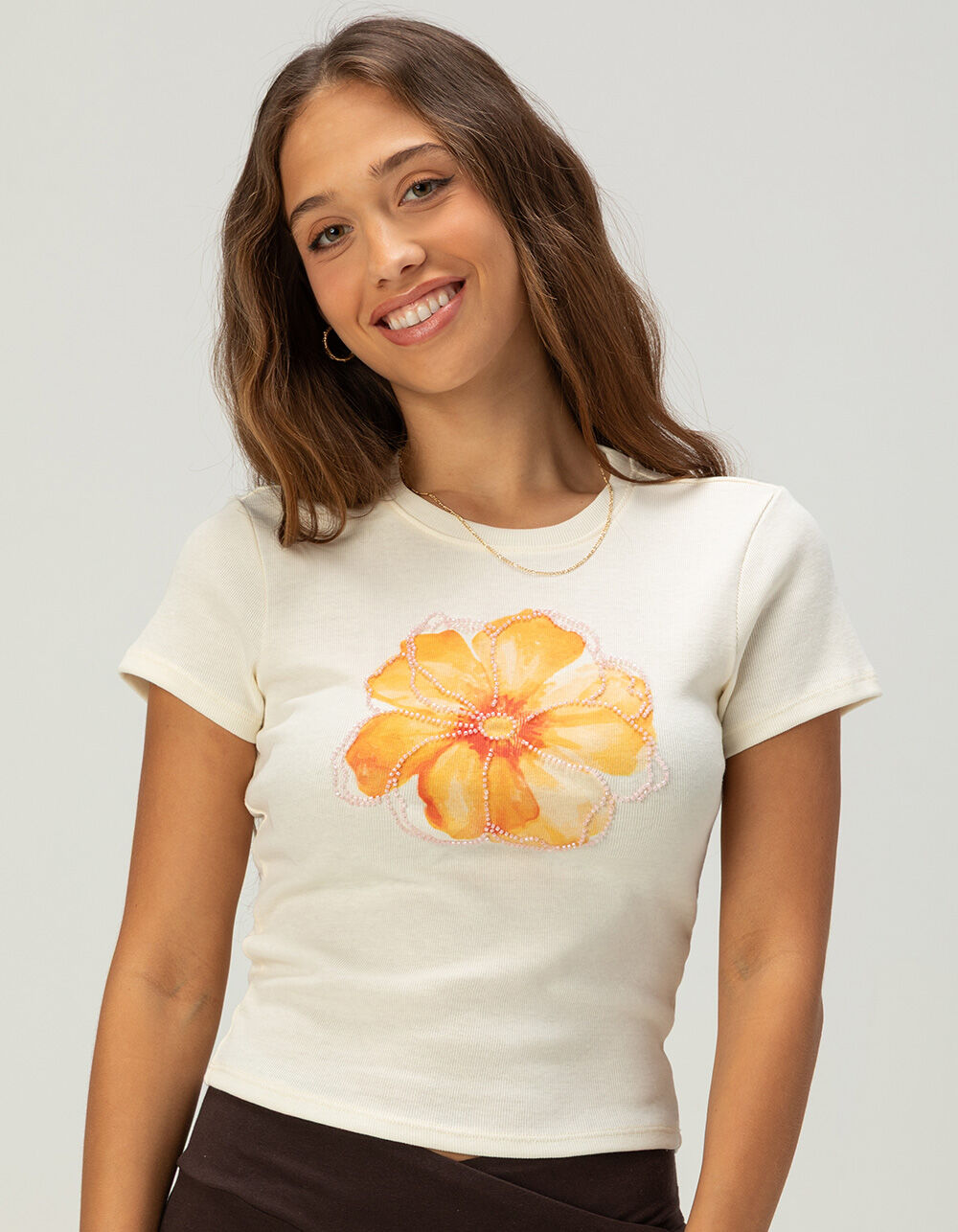 FULL TILT Flower Beaded Womens Baby Tee