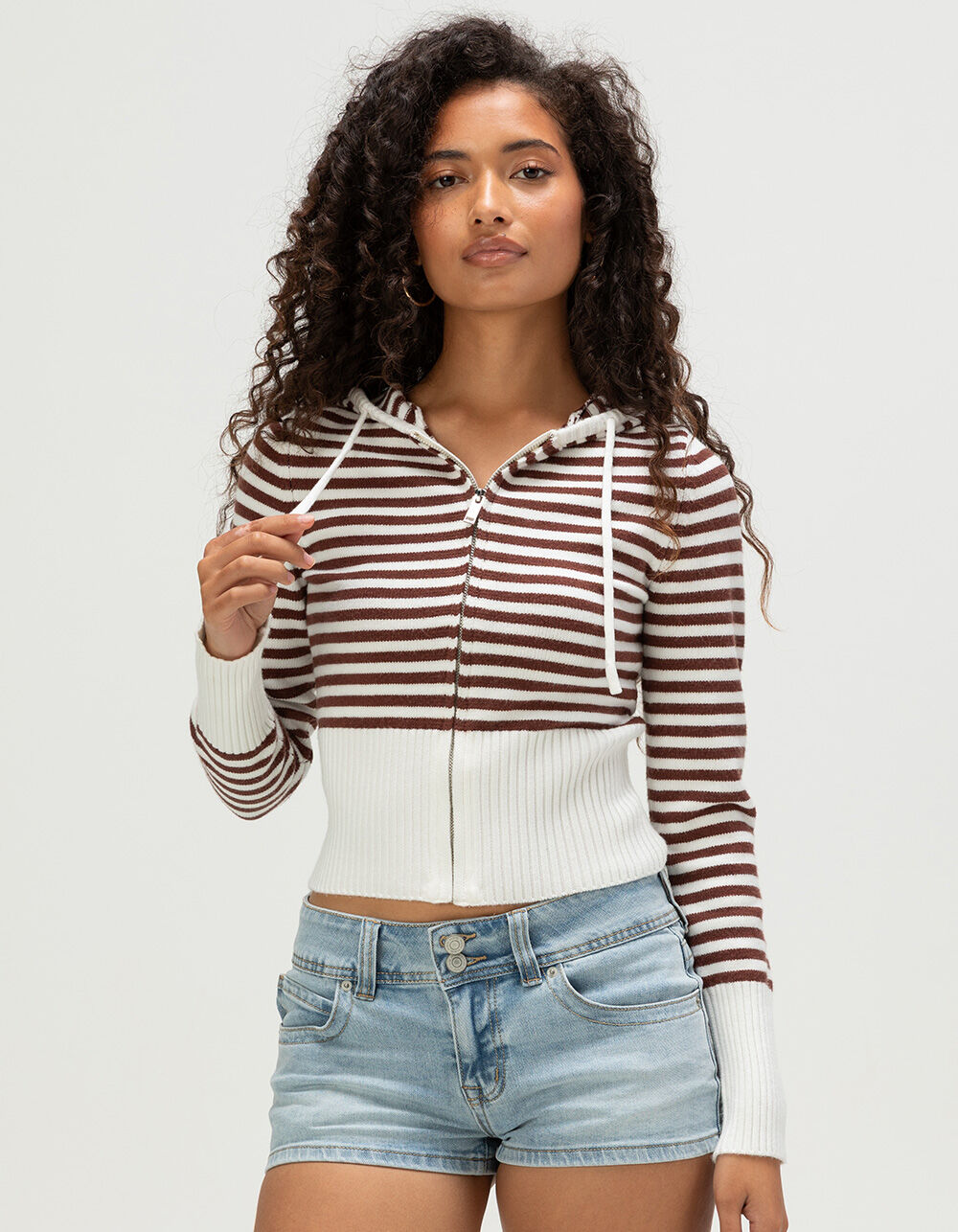 RSQ Womens Stripe Zip-Up Hooded Sweater