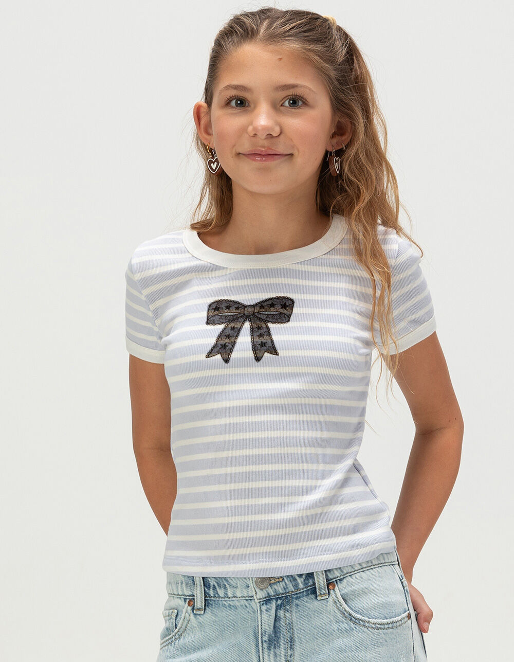 FULL TILT Stripe Bow Girls Ringer Tee