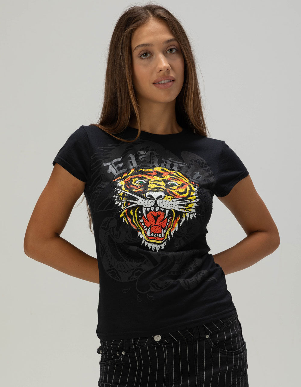 ED HARDY Rhinestone Retro Womens Fitted Tee