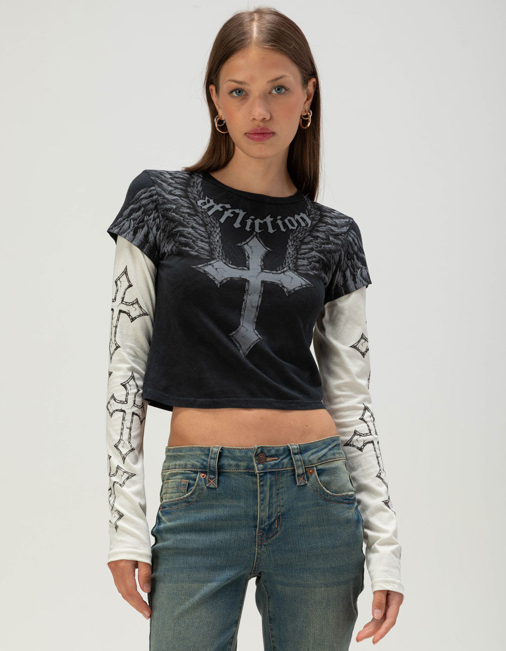 AFFLICTION Criss Cross Womens Long Sleeve 2fer Tee