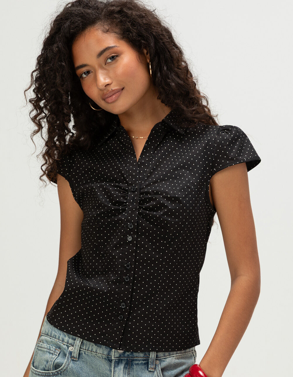 LOVE TREE Womens Polka Dot Button Up Shirt