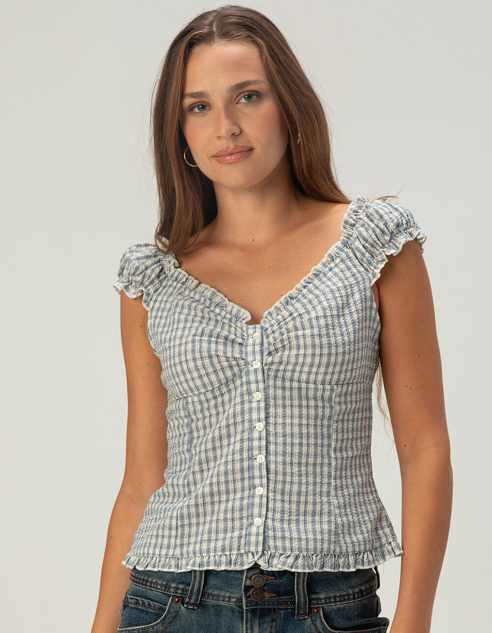 RSQ Womens Ruffle Button Front Top