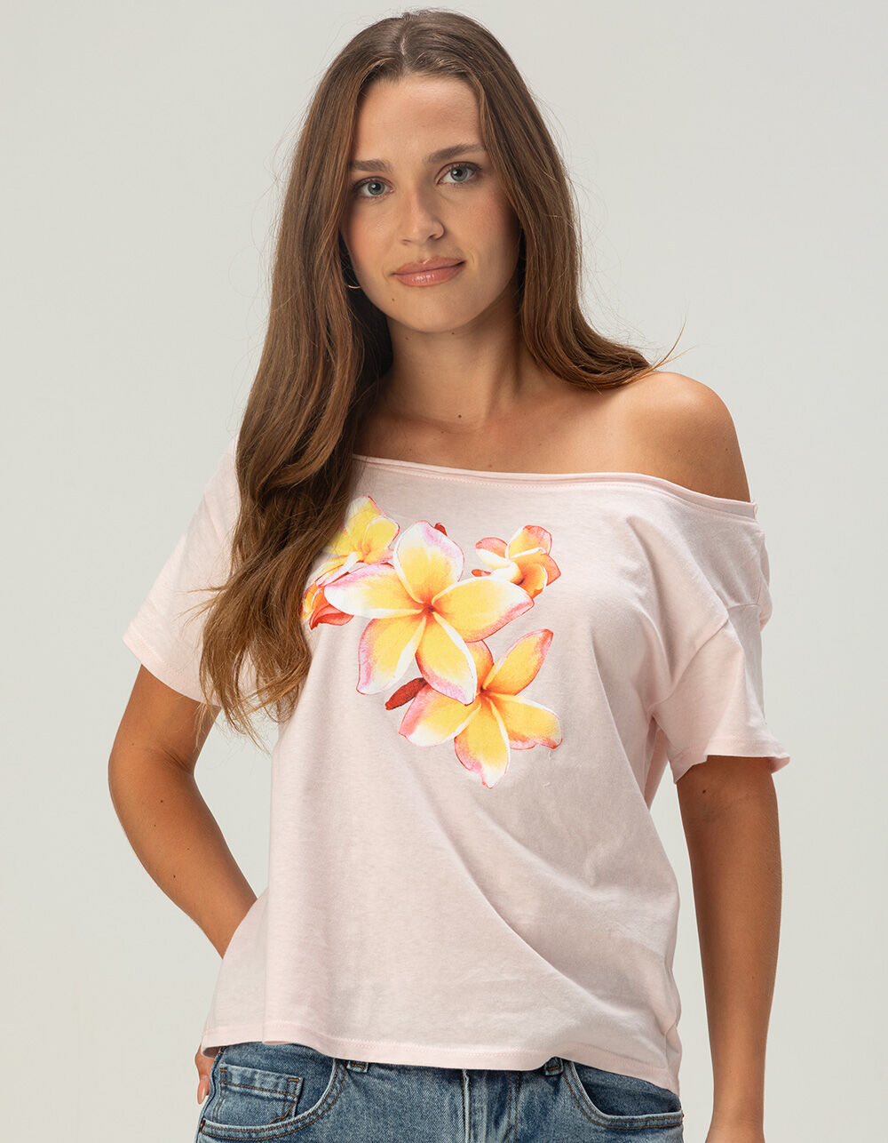 RSQ Womens Plumeria Off The Shoulder Tee