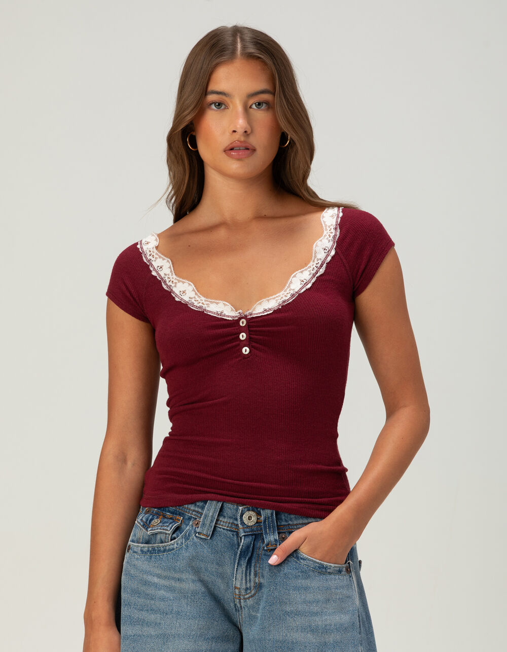 BDG Urban Outfitters Diana Womens Lace Trim Henley Top