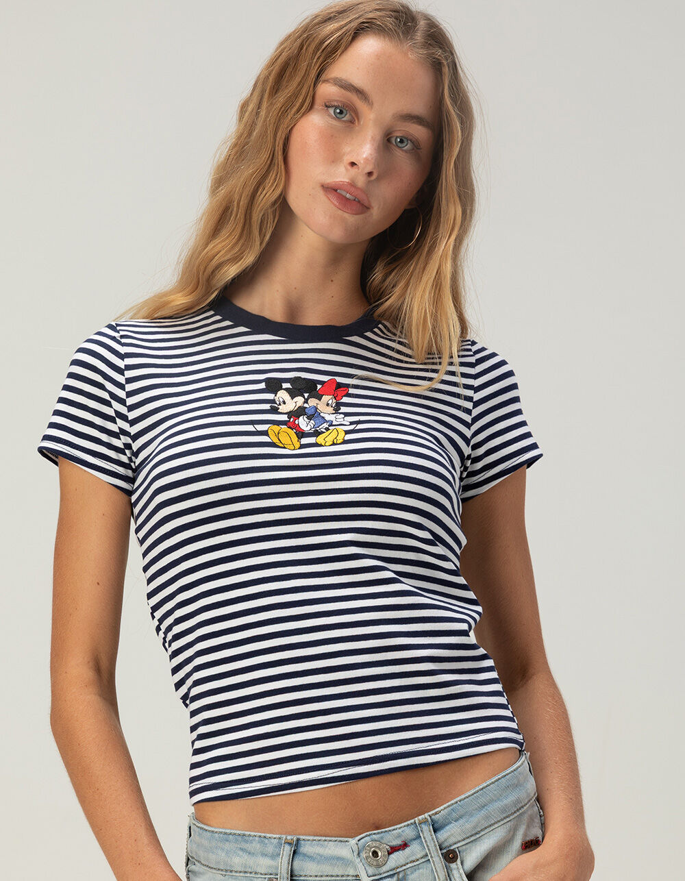 DISNEY Minnie And Mickey Womens Embroidered Stripe Baby Tee