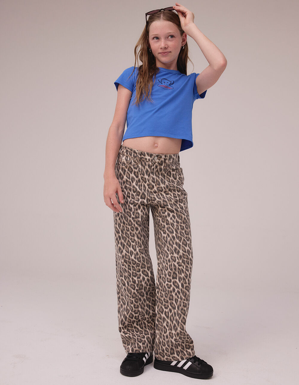 BLANK NYC Roaring Star Girls Leopard Print Wide Leg Jeans