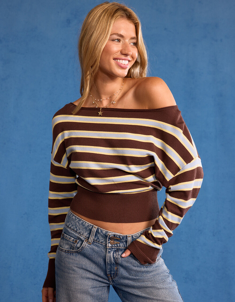 RSQ Womens Off The Shoulder Stripe Banded Bottom Sweater