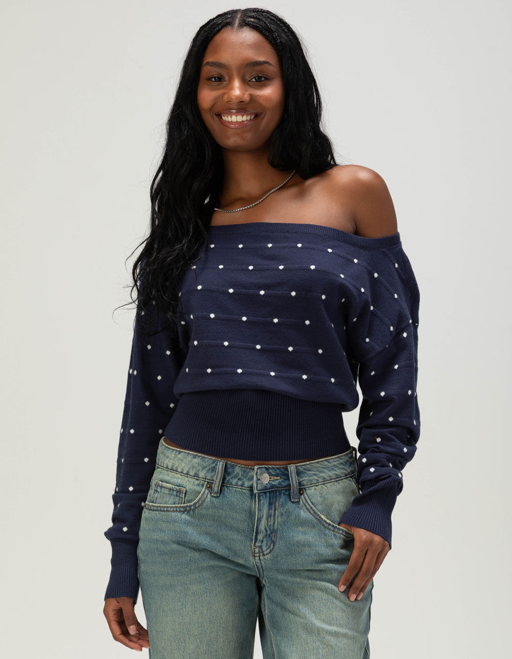 RSQ Womens Off The Shoulder Dot Banded Bottom Sweater