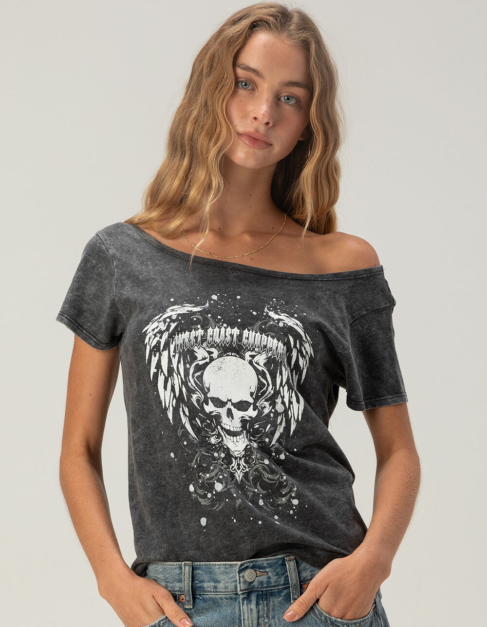WEST COAST CHOPPERS Skull And Wings Womens Off The Shoulder Tee