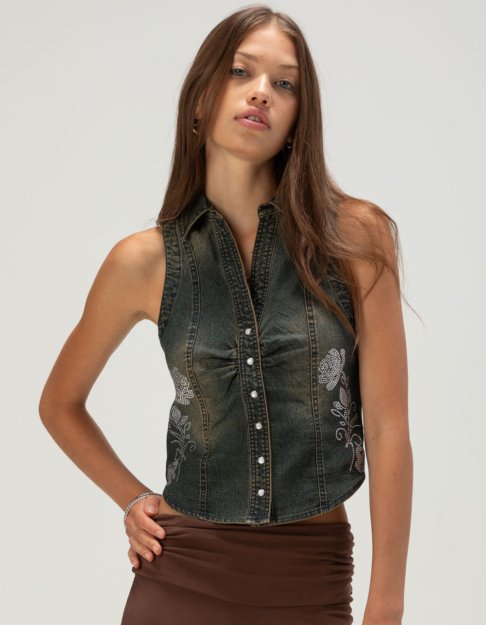 WEST OF MELROSE Womens Rhinestone Denim Vest