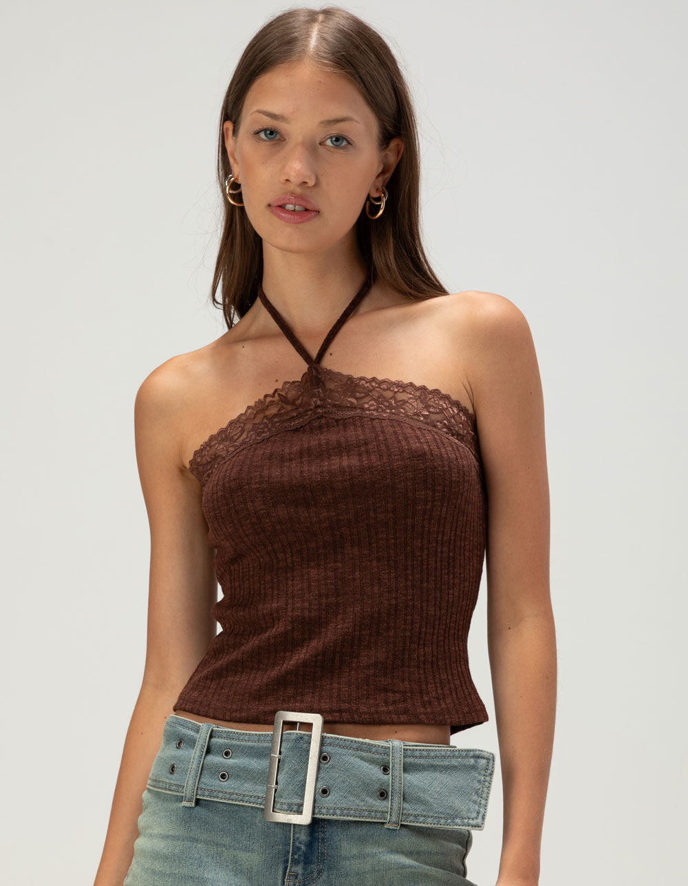 WEST OF MELROSE Lace Trim Y-Neck Womens Halter Top