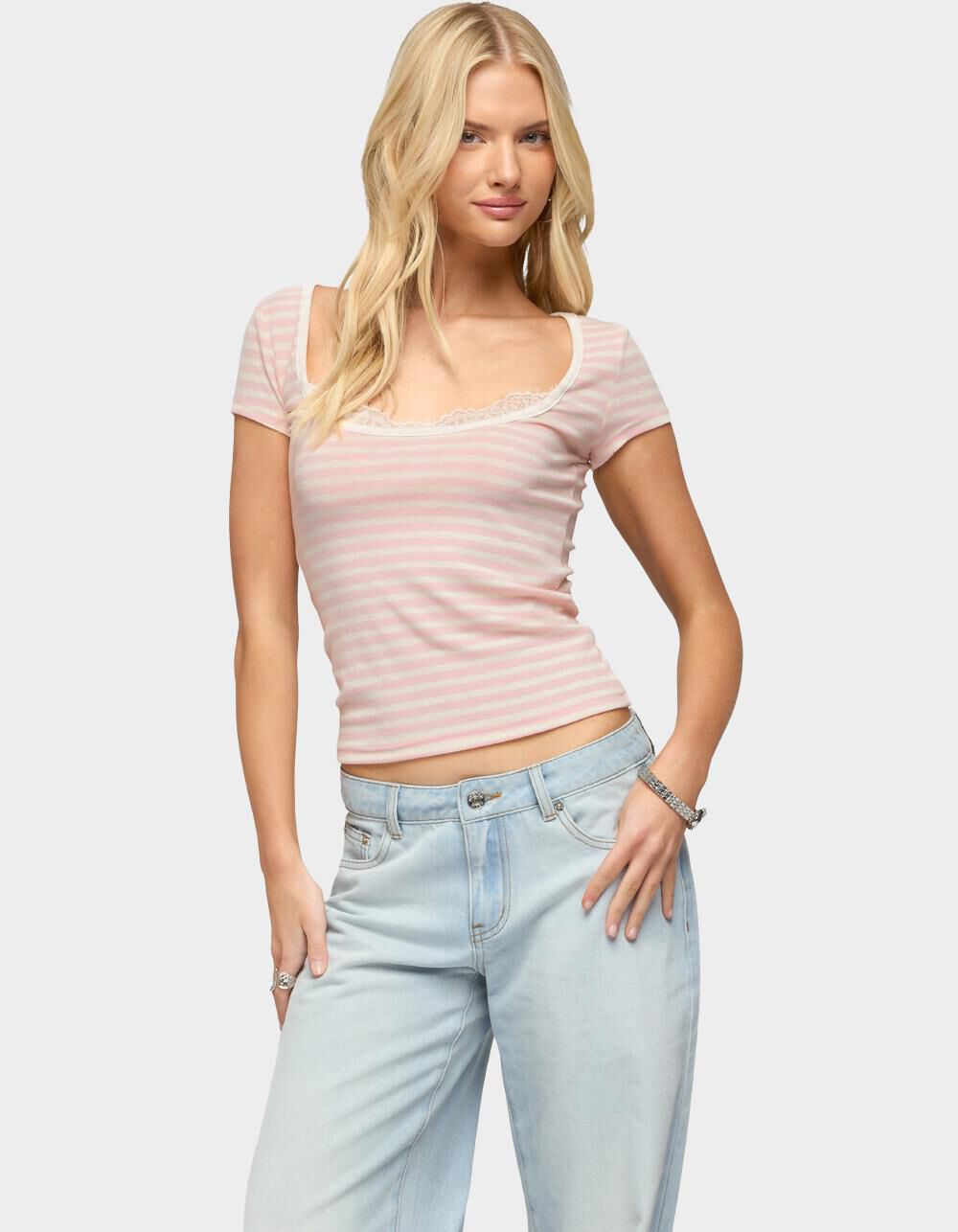 EDIKTED Layered Lacey Striped Tee