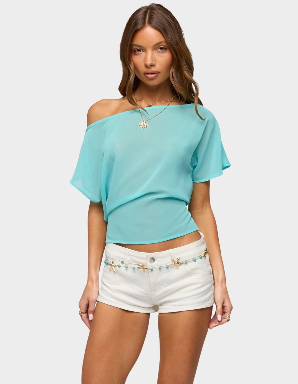 EDIKTED Noria Sheer Chiffon Off Shoulder Top