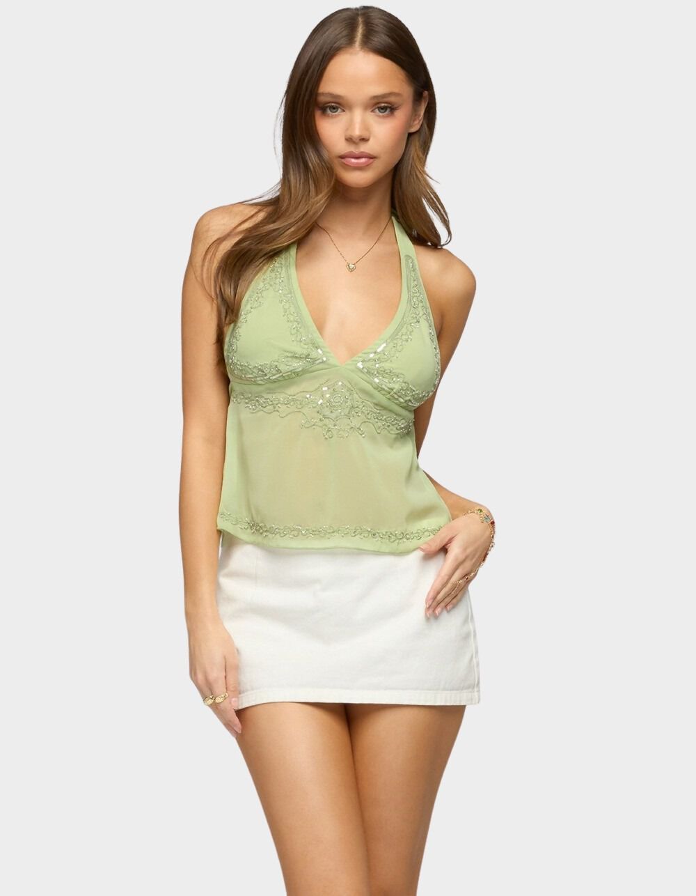EDIKTED Yoolena Backless Sequin Halter Top