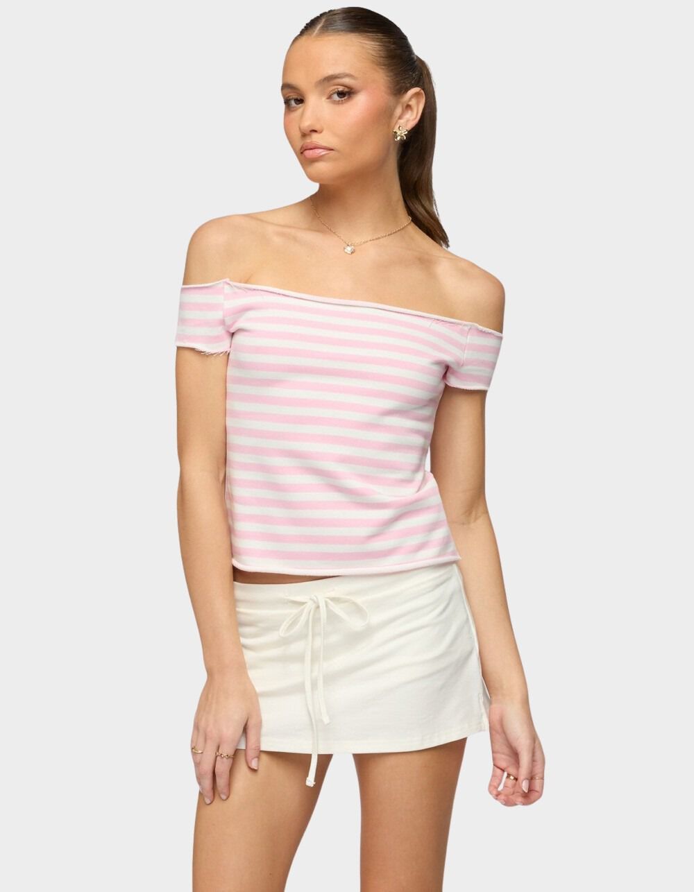 EDIKTED French Terry Striped Off Shoulder Top
