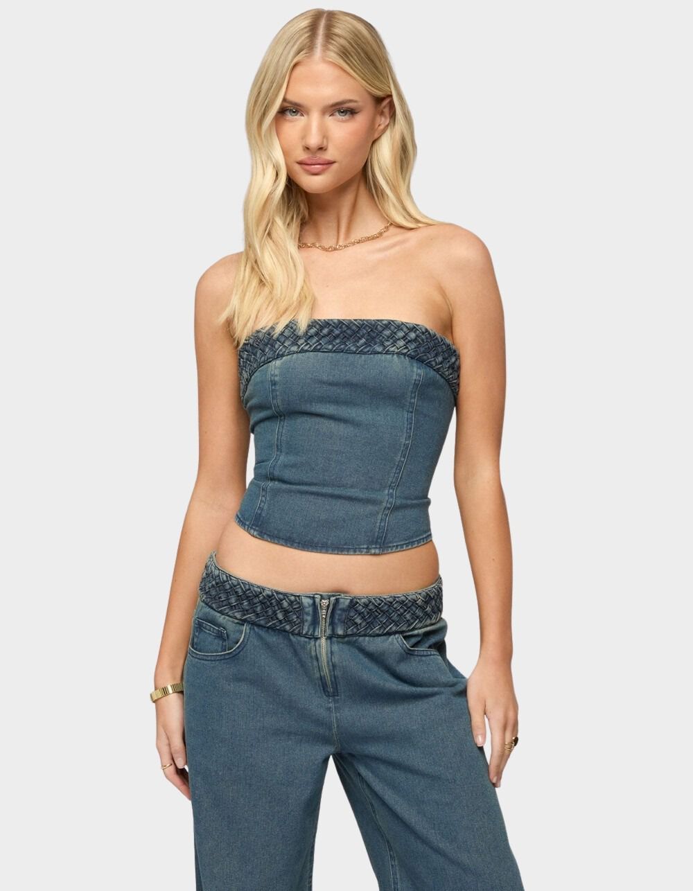 EDIKTED Braidey Strapless Denim Top