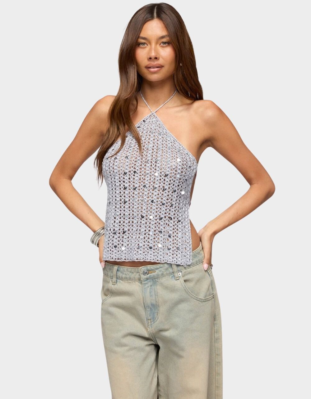EDIKTED Thaly Backless Sequin Crochet Halter Top