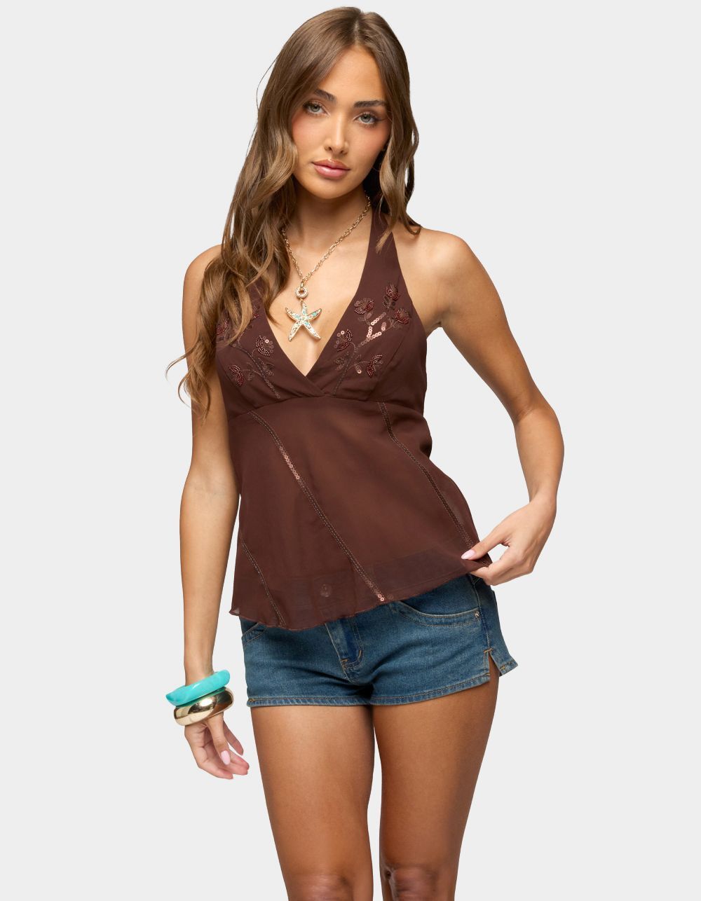 EDIKTED Lani Sequin Bead Chiffon Halter Top