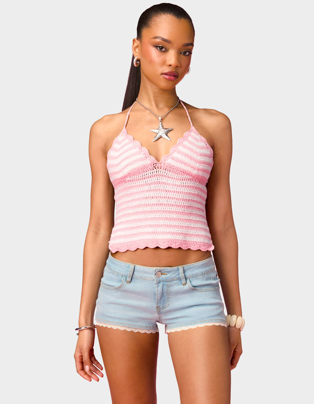 EDIKTED Barbie™ Backless Striped Crochet Halter Top