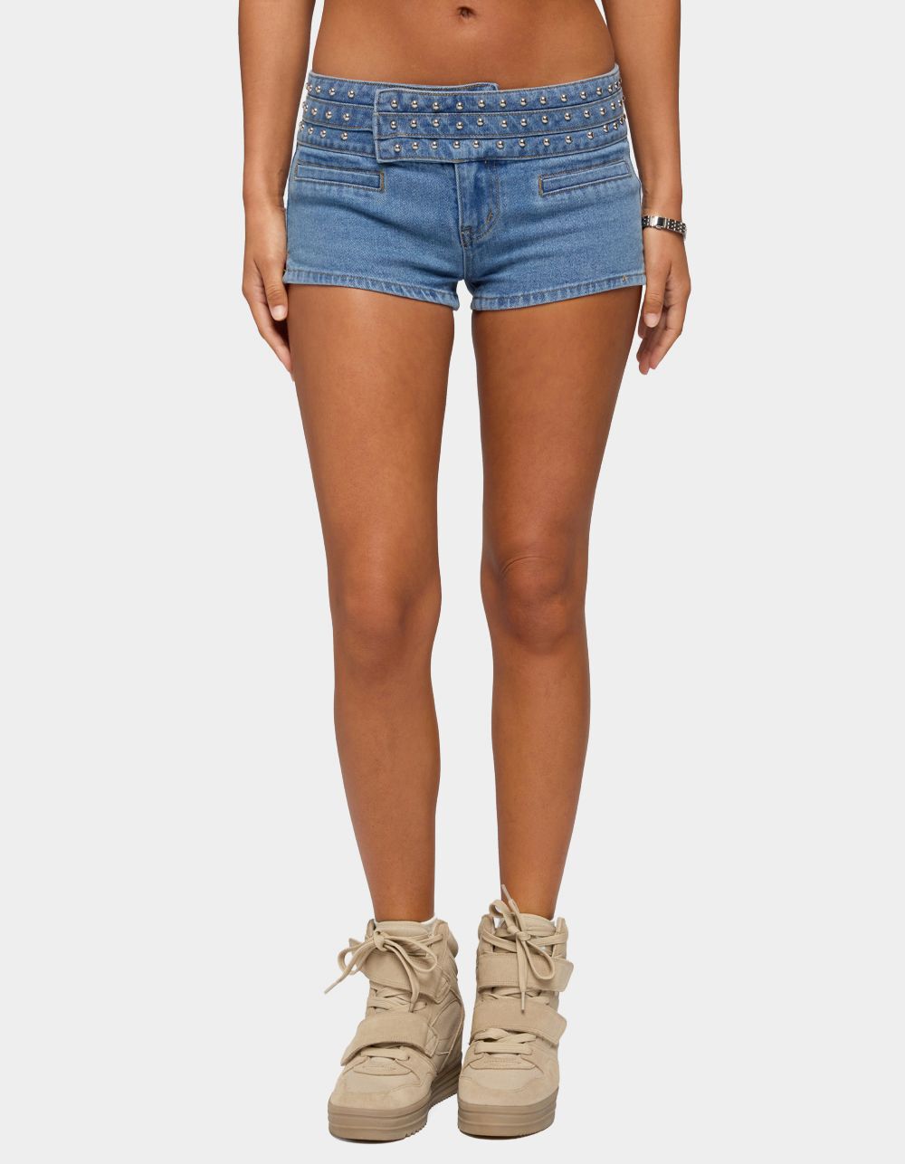 EDIKTED Odetta Studded Low Rise Denim Shorts