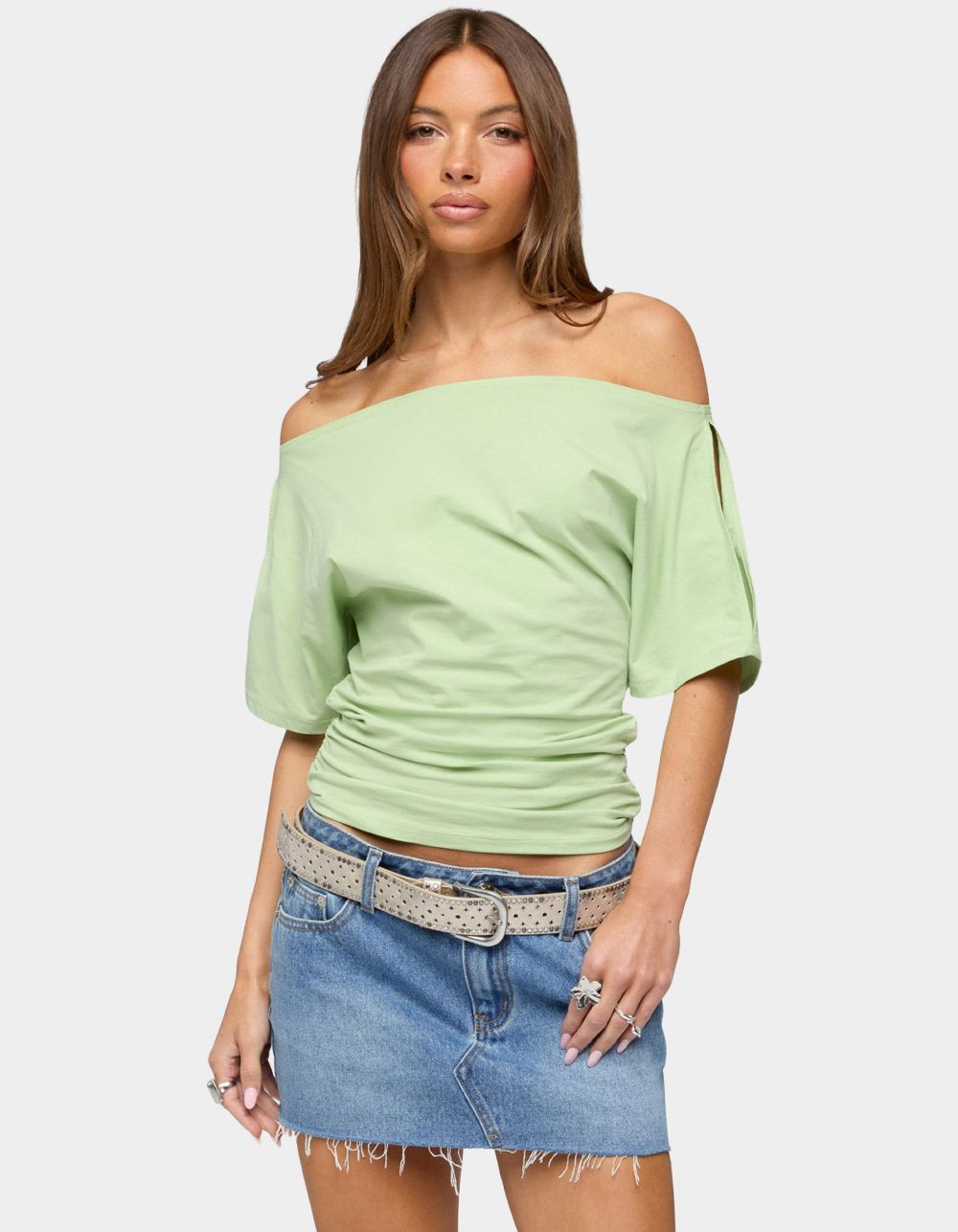 EDIKTED Feng Ruched Off Shoulder Cutout Top