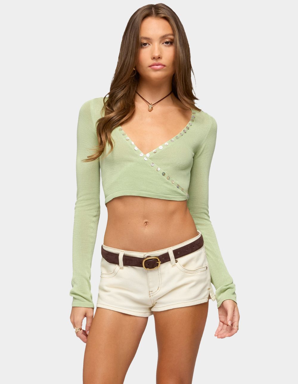 EDIKTED Hyla Button Cropped Knit Wrap Top