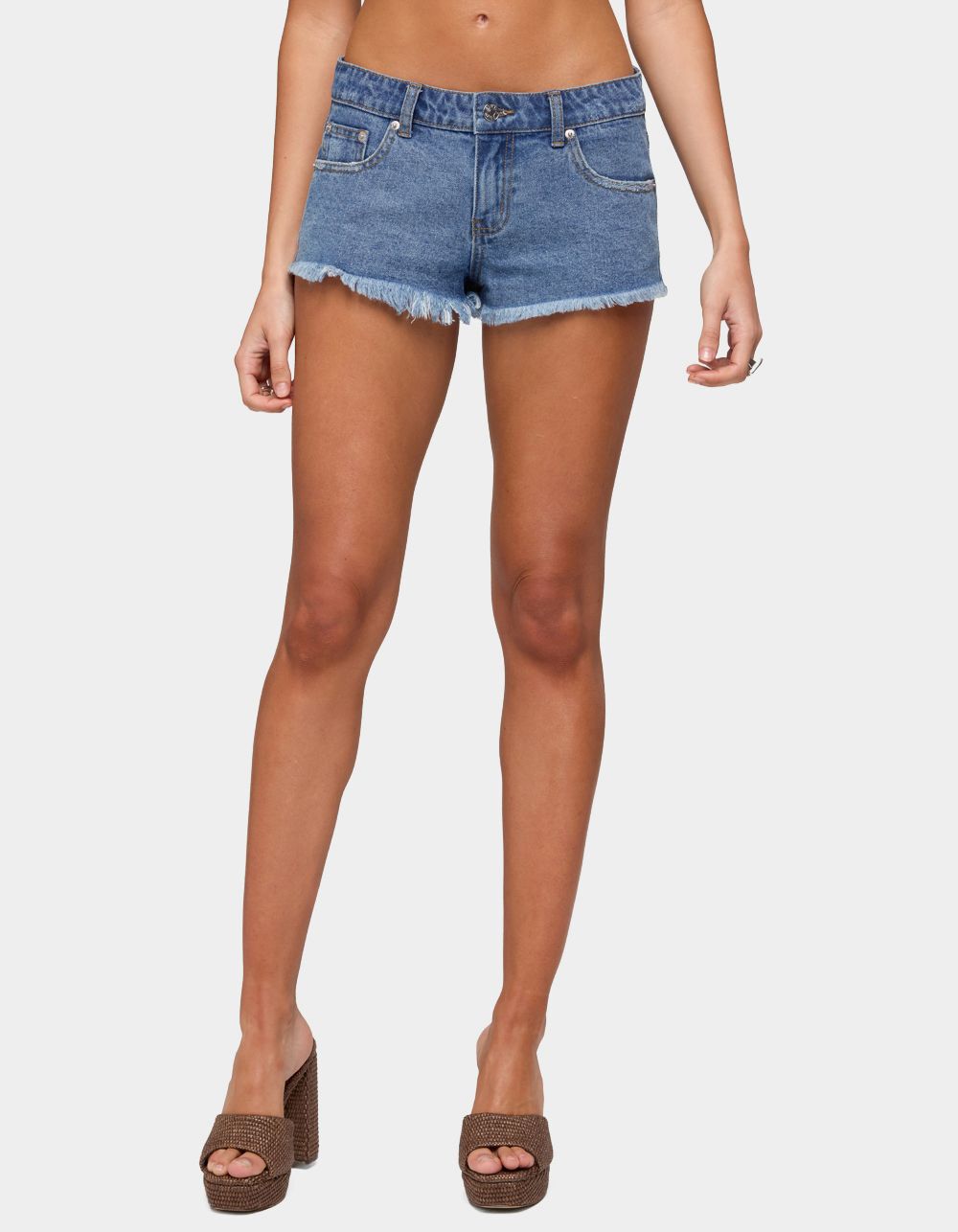 EDIKTED Crochet Pockets Low Rise Denim Micro Shorts