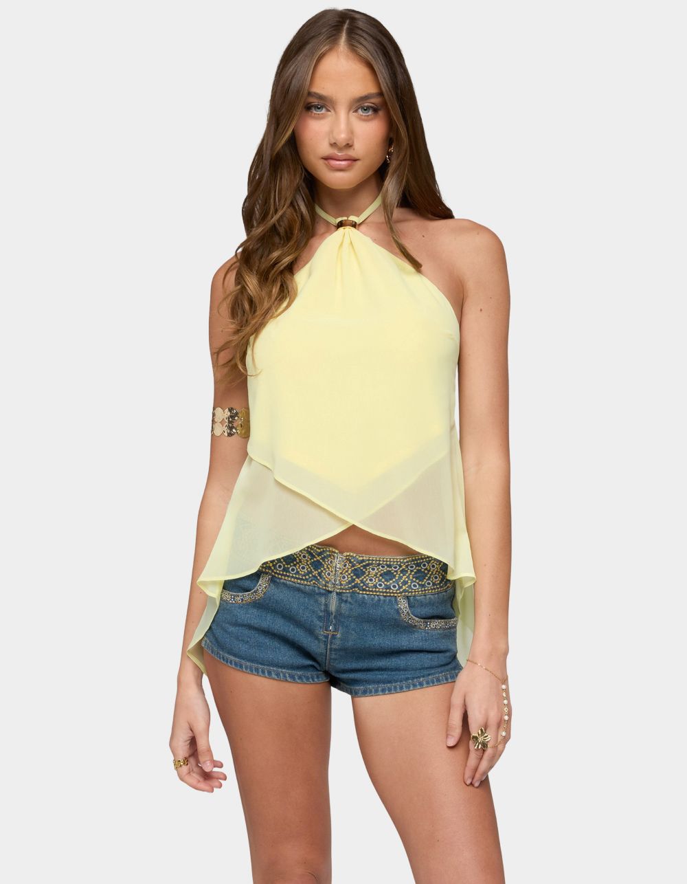 EDIKTED Chiffon Split Open Back Halter Top