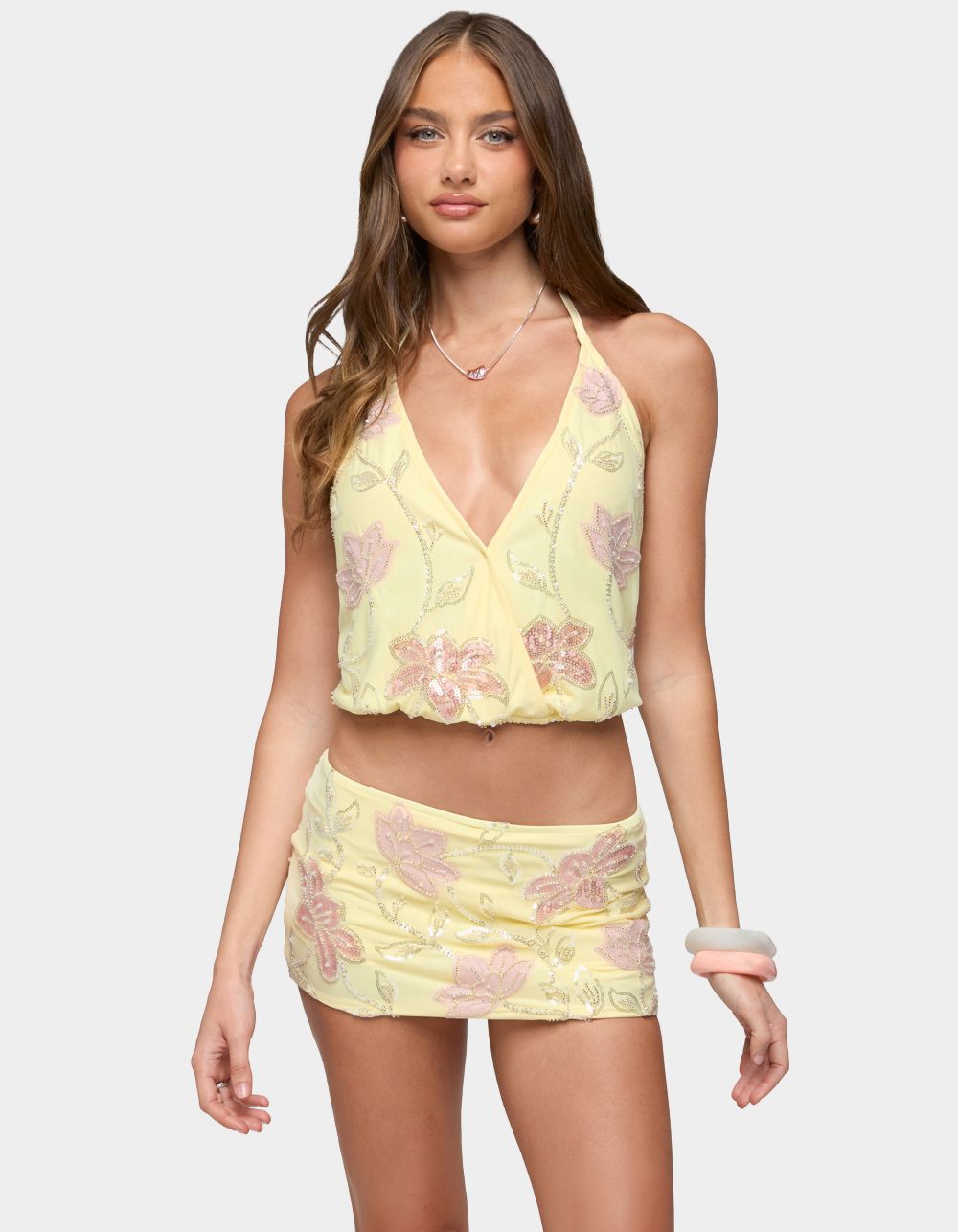 EDIKTED Mena Beaded Floral Backless Top