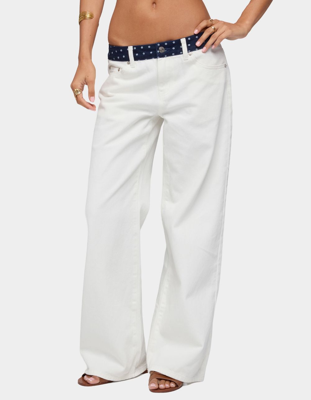 EDIKTED Polka Dot Waistband Low Rise Baggy Jeans