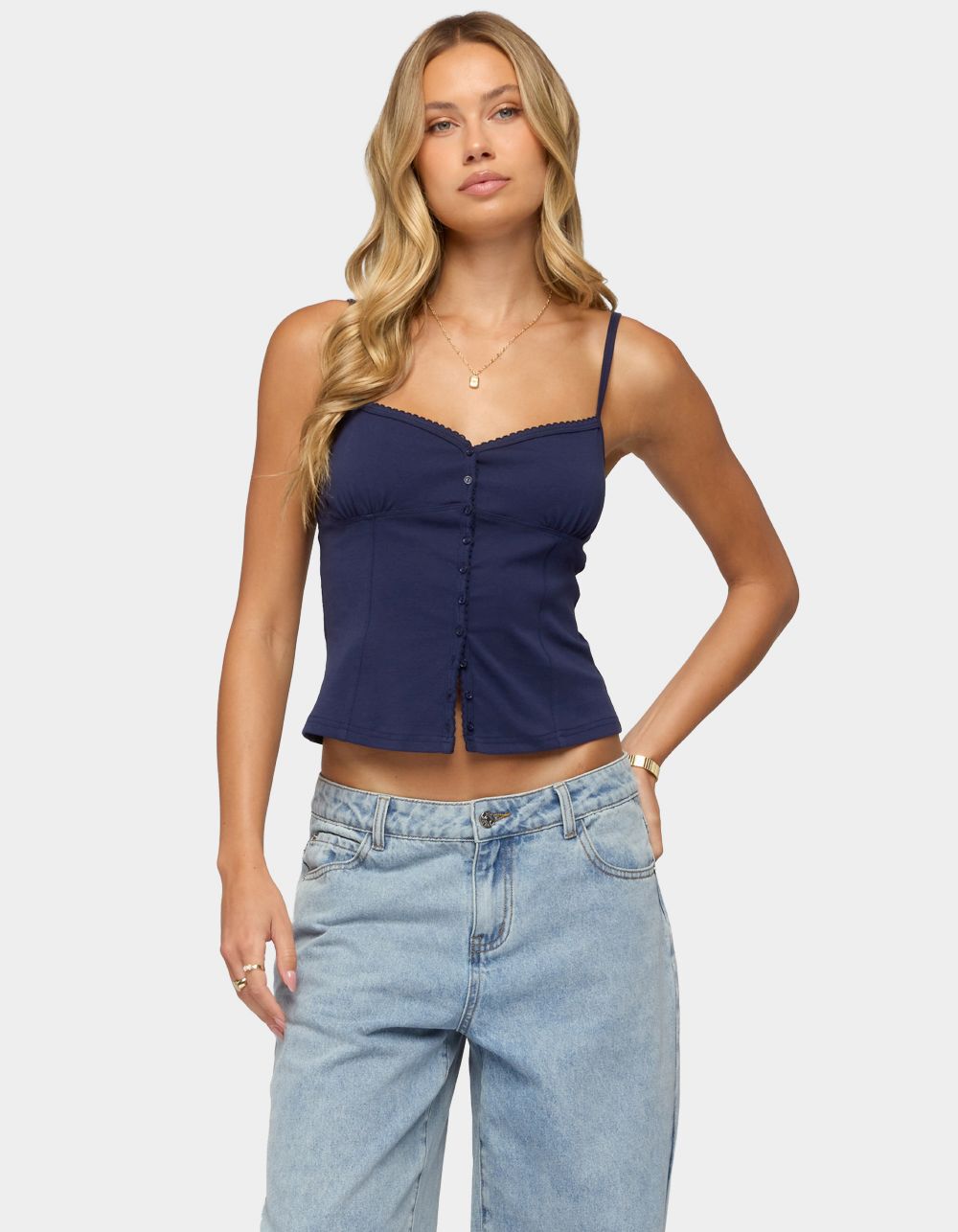 EDIKTED Delia Sweetheart Button Up Tank Top