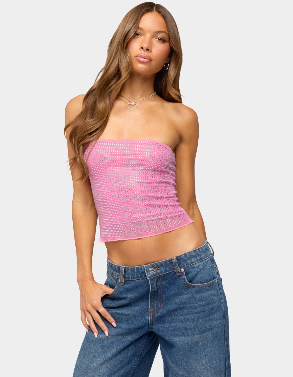 EDIKTED Olea Rhinestone Mesh Strapless Top