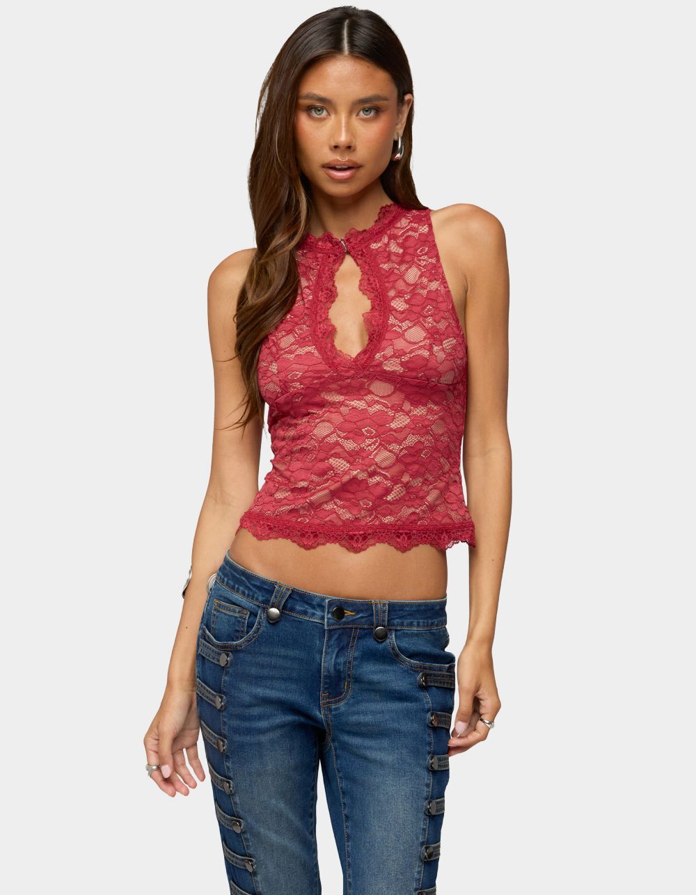 EDIKTED Frieda Keyhole Cutout Lace Top
