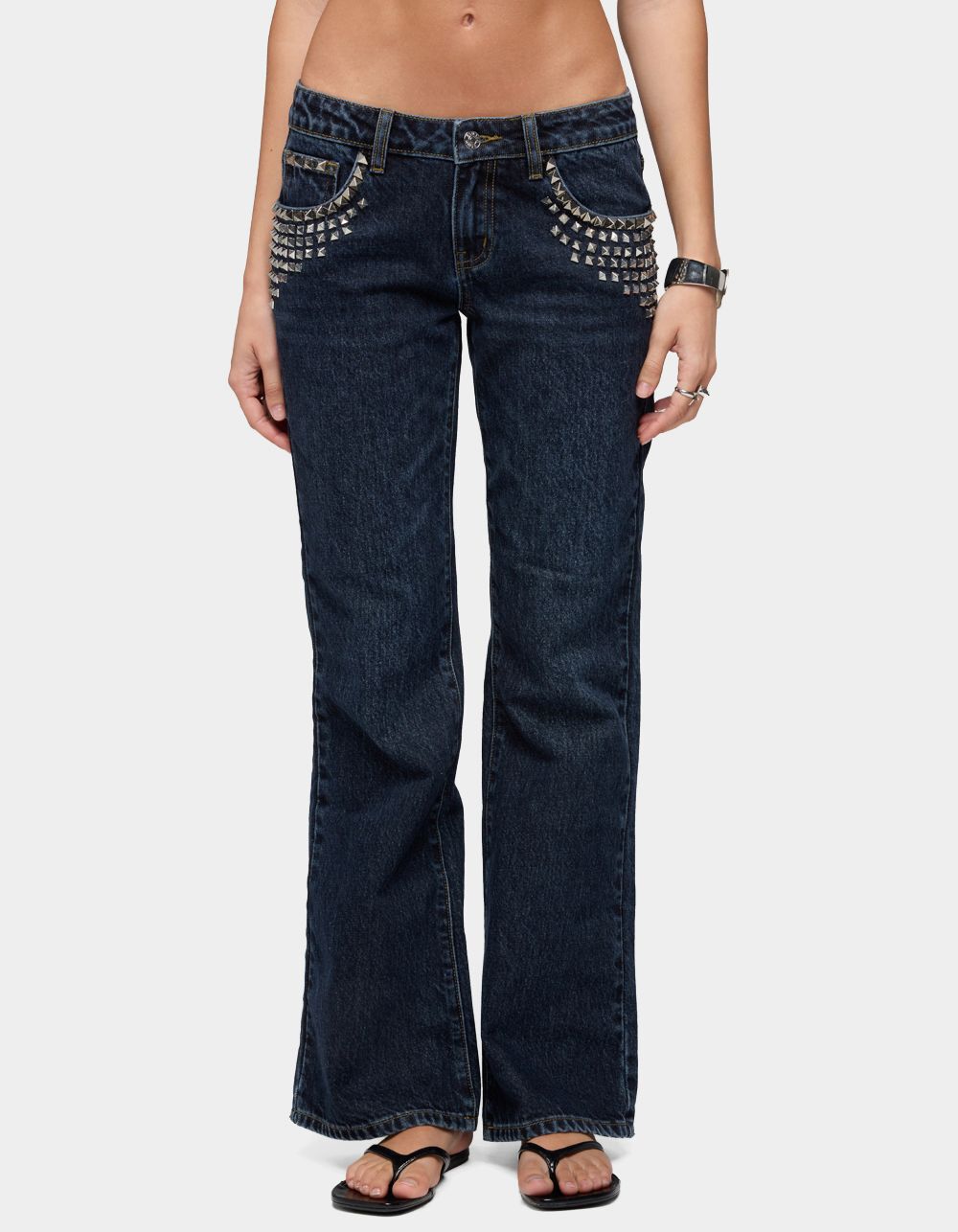 EDIKTED Tyler Studded Low Rise Bootcut Jeans