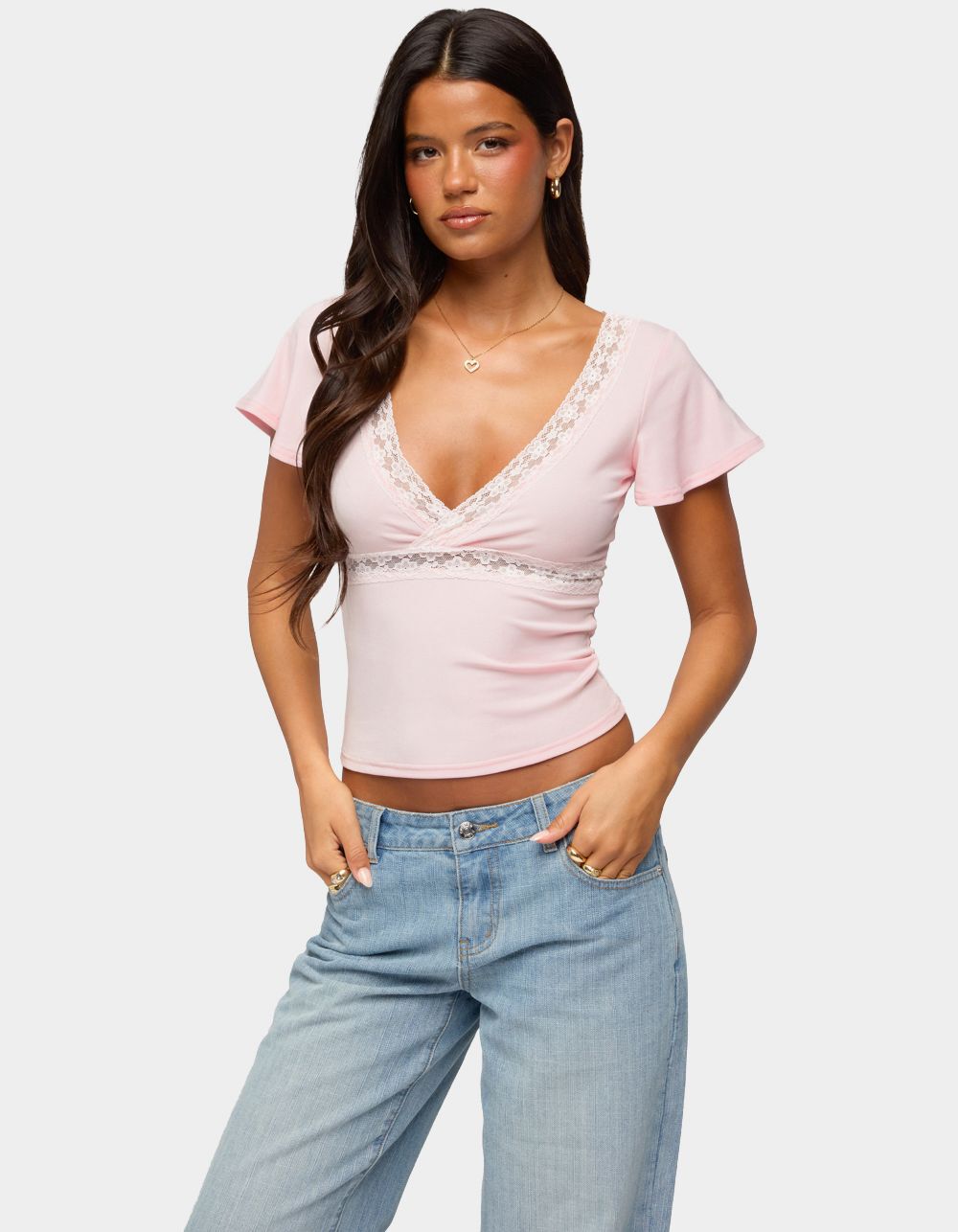 EDIKTED Yvetta Lacey Flutter Sleeve Top