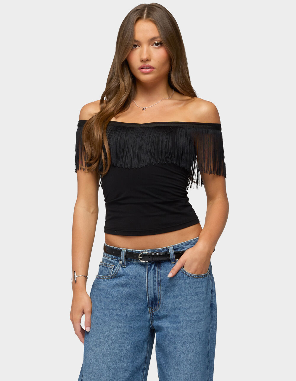 EDIKTED Catelina Fringe Off Shoulder Top