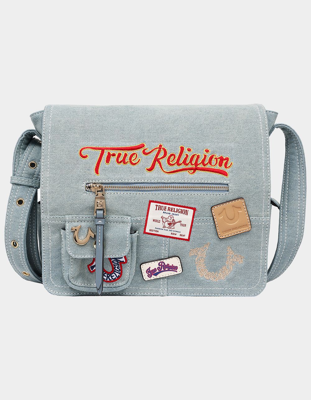 TRUE RELIGION Multi Patch Denim Messenger Bag