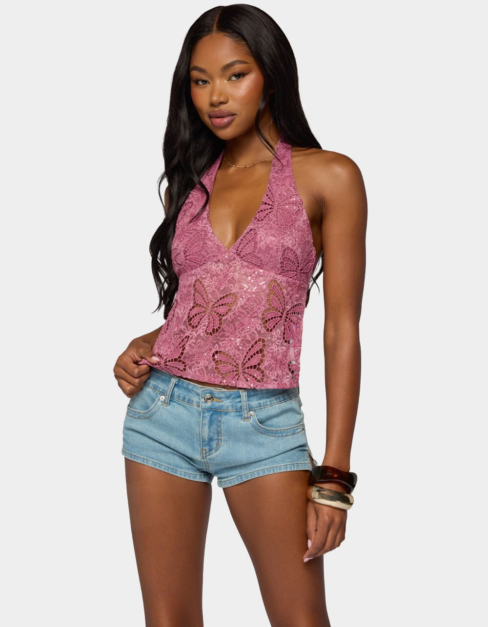 EDIKTED Butterfly Sequin Backless Halter Top