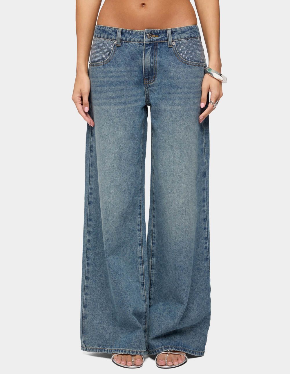 EDIKTED Rhinestone Low Rise Wide Leg Jeans