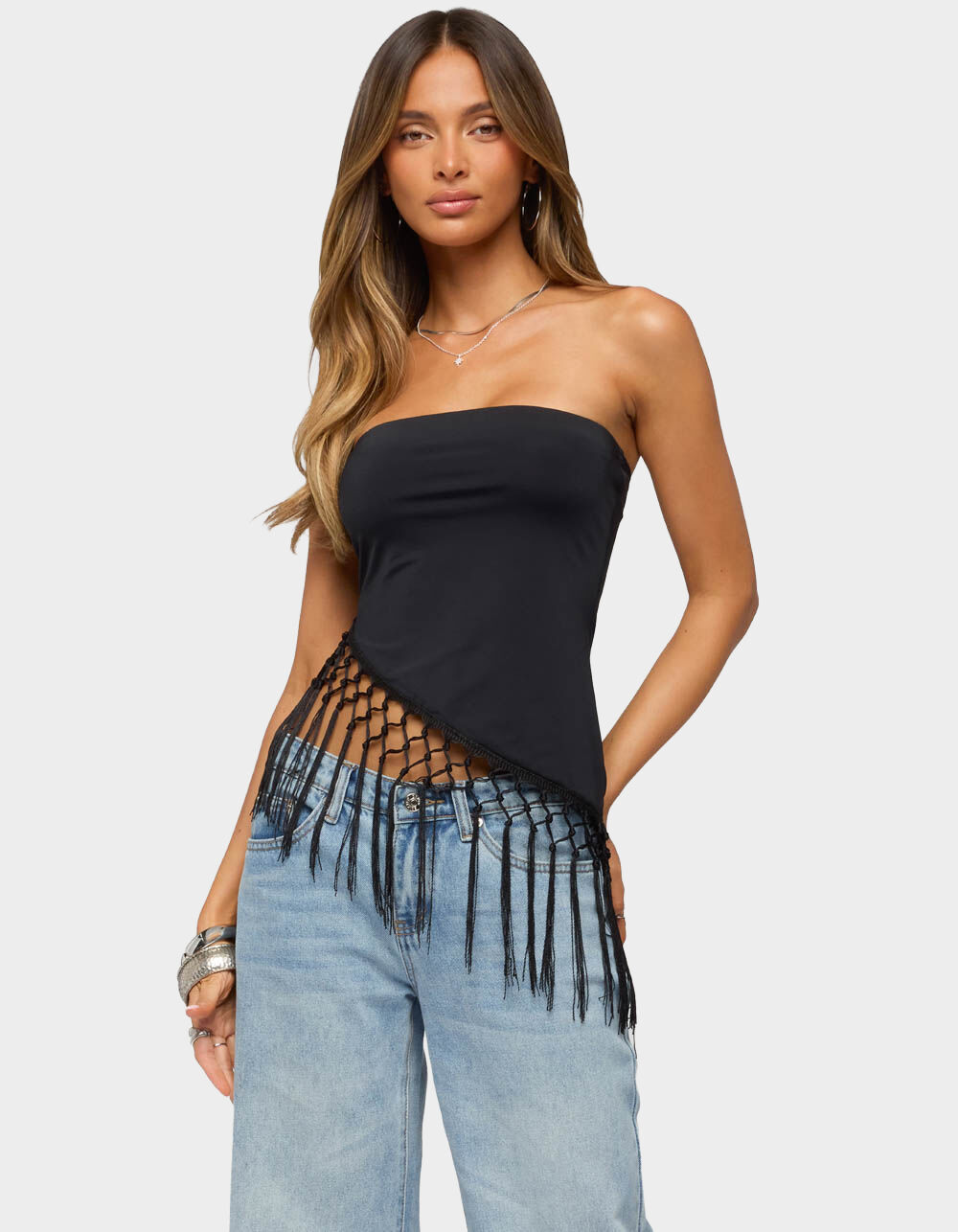 EDIKTED Sarika Asymmetric Fringe Strapless Top