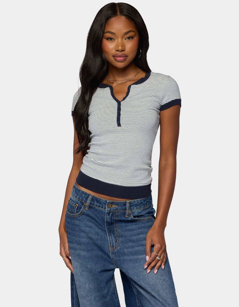 EDIKTED Regin Striped Ribbed Henley Top