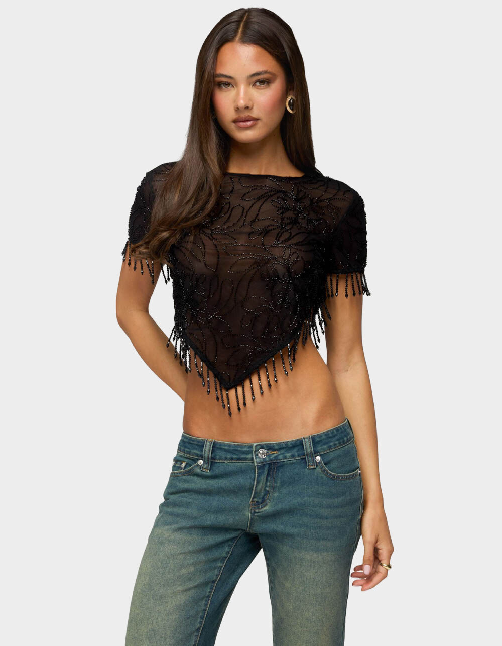 EDIKTED Yanna Beaded Fringe Poncho Top